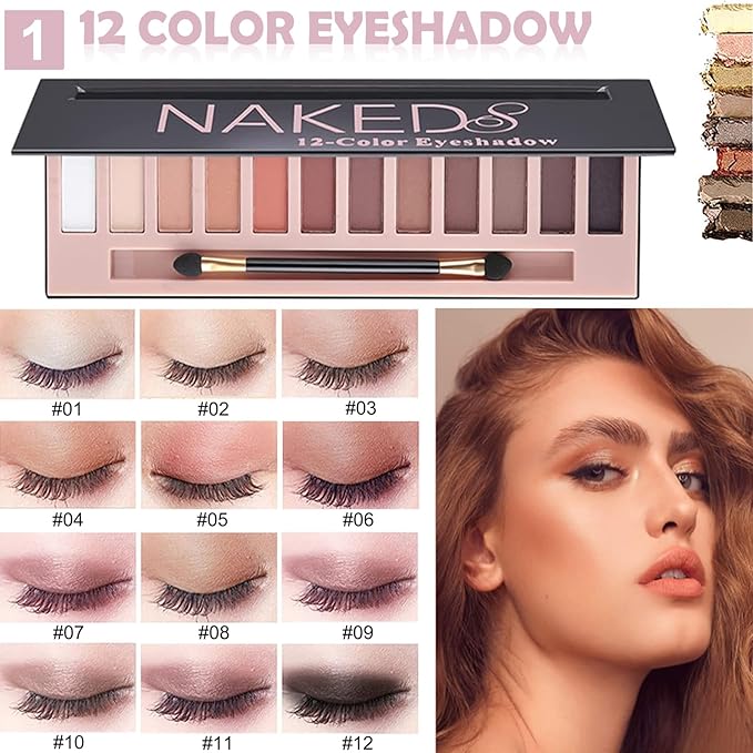 All in One Makeup Kit Full 12 Colors Naked Eyeshadow,2 Color Compact Powder,Liquid Foundation,Lipsticks, Blush,Eyebrow Soap,Winged Eyeliner Stamp,Makeup Gift Set for Women, Teens & Girls(Naked)
