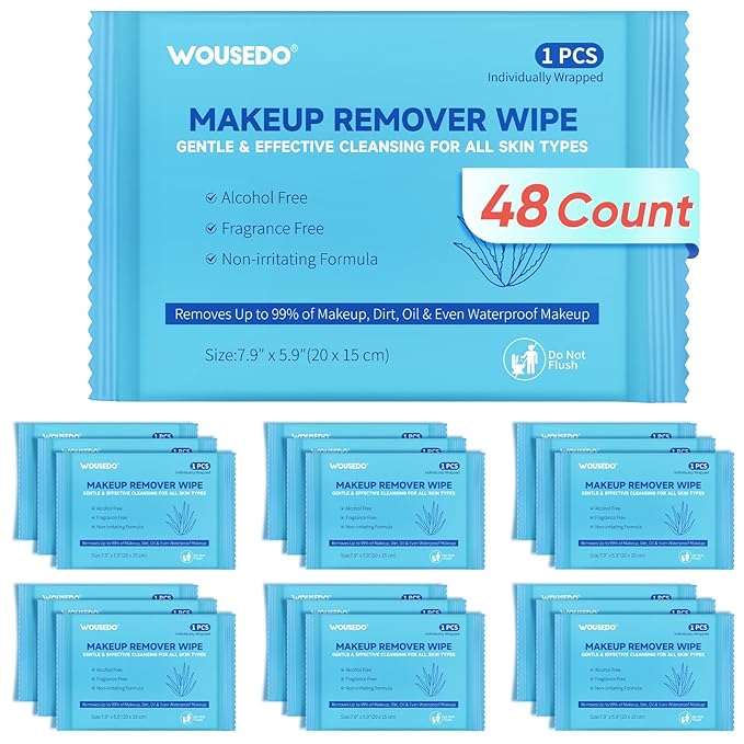 WOUSEDO 48 Count Makeup Remover Wipes, Bulk Gentle Cleansing Facial Towelettes, Individually Wrapped Travel Size,Alcohol-Free & Hypoallergenic for All Skin Types