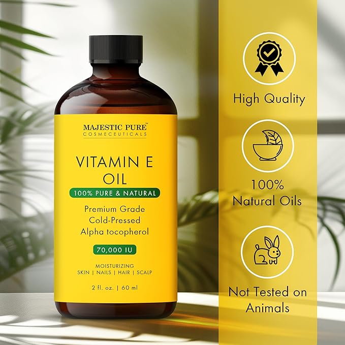 Majestic Pure Vitamin E Oil 2 Oz Vitamin E oil for Skin, Face Oil, Hair Oil and Body Oil- 100% Pure and Natural, 70,000 IU- Cold Pressed Hexane Free Non-GMO Gluten Free Formula