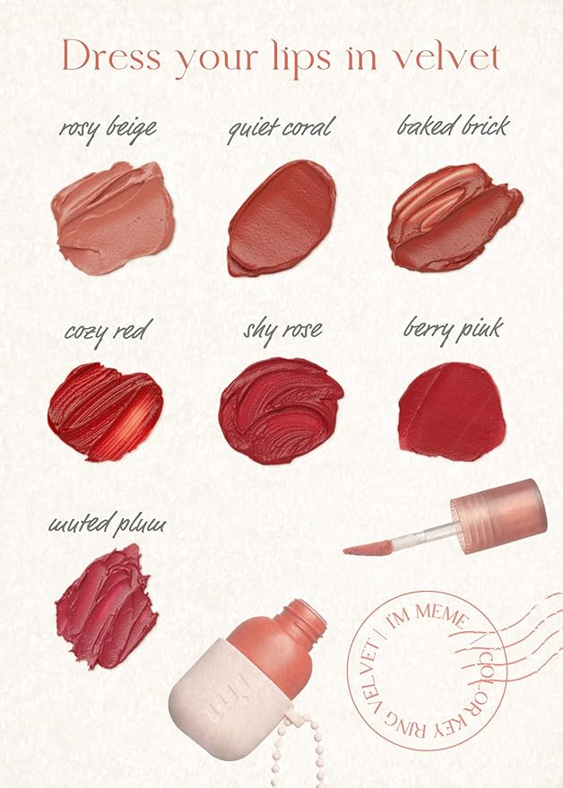 I'M MEME Color Key Ring Velvet Lip Tint - 02 Quiet Coral | Long Lasting Lip Stain, Matte Finish, Smooth Texture, Kbeauty, Cute Korean Makeup, Compact, Portable Keychain, Travel-Friendly, Gift, 2.8g