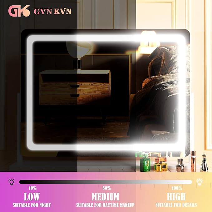 Makeup Vanity Mirror with USB Charging Port 28" x 22" Large LED Makeup Mirror, Desk Mirorr with Lights, Light up Mirror with 10X Magnification and, Dimmable 3 Modes, Touch Gold