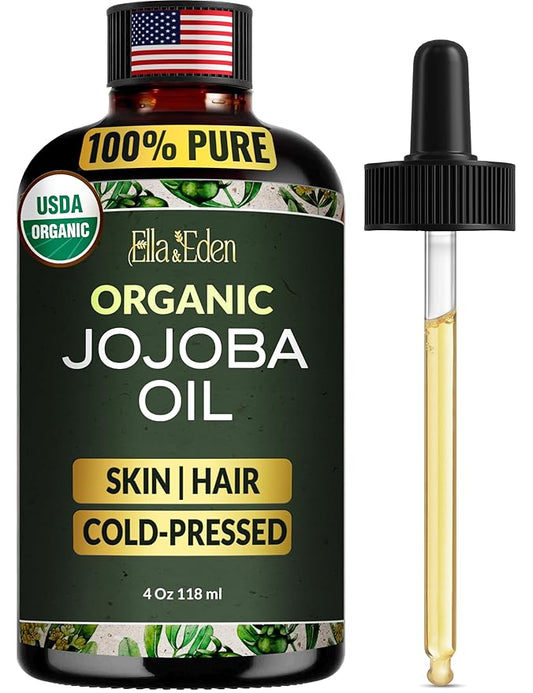 Ella & Eden Organic Jojoba Oil – USDA Certified, Cold-Pressed, 100% Pure & Unrefined, Hexane-Free Oil for Skin, Face, Hair & Nails – 4 Fl Oz Glass Bottle