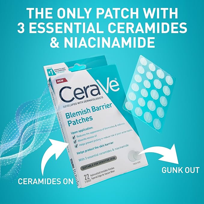 CeraVe Hydrocolloid Blemish Patches, Oil Absorbing Spot Control with Ceramides and Niacinamide, Allergy-Tested & Suitable For Sensitive Skin, Ultra-Thin & Blends Into All Skin Tones, 22ct