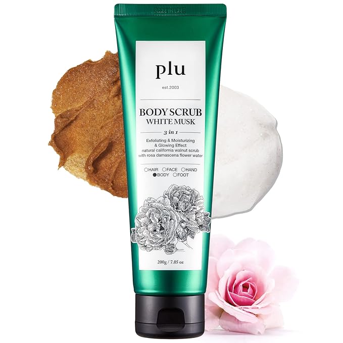 PLU Original Korean Walnut Body Scrub Polish - White Musk - Exfoliating & Hydrating Glow for Smooth, Radiant Skin Texture - Soft Musk Scent, 6.76 oz.