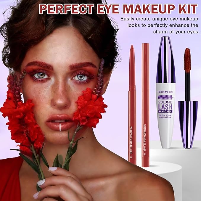 Burgundy Mascara and Eyeliner Set 5D Red Mascara for Eyelashed, Volumizing Curling Defining Eye Lashes, Long-Lasting Waterproof Red Eyeliner
