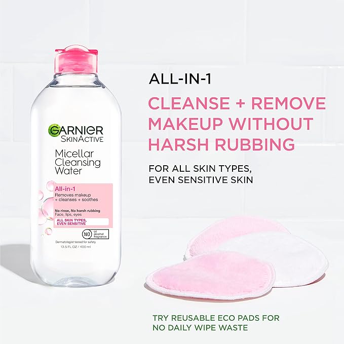 Garnier Micellar Cleansing Water, All-in-1 Makeup Remover and Facial Cleanser, For All Skin Types, 3.4 Fl Oz (100mL), 1 Count (Packaging May Vary)