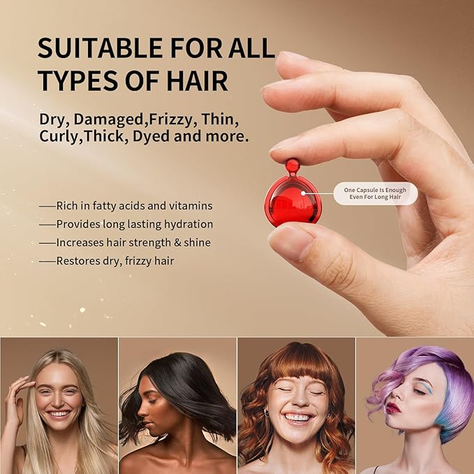 POEROES Hair Oil 50 Capsules - Hair Vitamins A C E Pro B5 - Hair Treatment Serum - Hair Serum for Frizzy and Damaged Hair - Argan & Avocado Oil - Leave in Conditioner for Women & Men