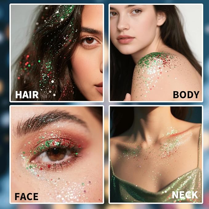 Mysense Christmas Glitter Stick for Face Hair Body, Red Silver Green Chunky Sparkling Glitter Makeup, Christmas Party Costume Accessories, Stocking Stuffers Gifts for Women Girls Kids, 0.56oz