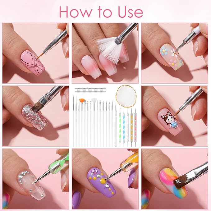 22 Pcs Nail Art Brush Set - Acrylic Silicone Dotting Pen Tools, Resin Nail Art Palette - Nails Design Tools for DIY Home Salon, Display Board