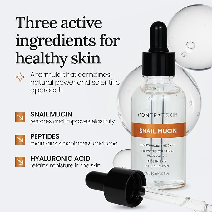 Context Skin Snail Mucin Serum for Face, Lightweight Hydration with Snail Extract, Smooth Texture, Fast Absorbing, Designed for Daily Skincare, 1 fl oz
