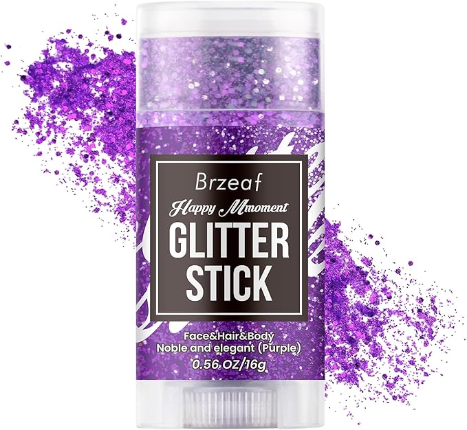 Brzeaf Purple Glitter Stick for Makeup, Not Greasy & Shimmery & Long Lasting, Chunky Glitter for Face/Body/Hair/Eyes, Singer Concert Music Christmas Rave Festival, Glitter Stick Makeup for Women Men