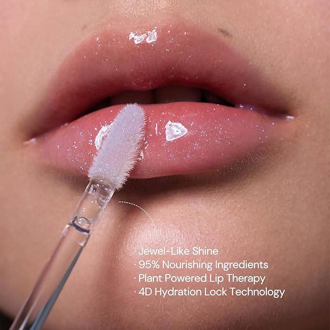 Flower Knows Shell's Jewel Nourishing Lip Glaze,Shimmery Clear Lip Gloss with Hyaluronic,Moisturizing Plumping Oil,Non-Sticky for Girls & Women,0.16 Fl.Oz(P06 Lunar Jelly)