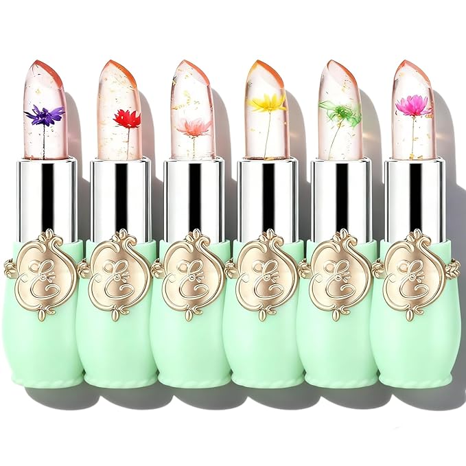 firstfly 6 Pcs/Set Flower Jelly Lipstick, Transferproof Color Change Lip Goss Moisturizer Long Lasting Nutritious Balm, Magic Temperature Change Clear ph Lipstick for Women (Green)