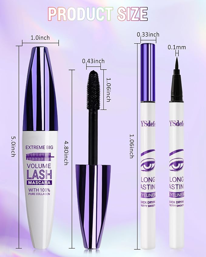 Brown Mascara Liquid Eyeliner Set, Update Longlasting Waterproof Color Eye Liner Pen, 5D Silk Fiber Colored Mascara Volume and Length, Christmas Party Stage Use Eye Makeup Gift Kit for Women Girl-02