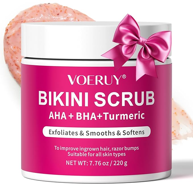 Bikini Area Exfoliator with 10% AHA+BHA & Turmeric, Ingrown Hair & Razor Bumps for Bikini Underarm Area, Skin Moisturizing, Smoothing, Even Skin Tone Exfoliating Body Scrub with Walnut Shell Powder