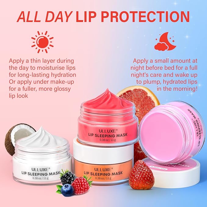 Lip Mask Set 4 Pcs, Valentine's Day Gifts for Women, Overnight Lip Sleeping Mask with Shea Butter, Hyaluronic Acid & Vitamin C, Nourishes Hydrates Dry, Flaky Lips, Moisturizing Lip Care Gift