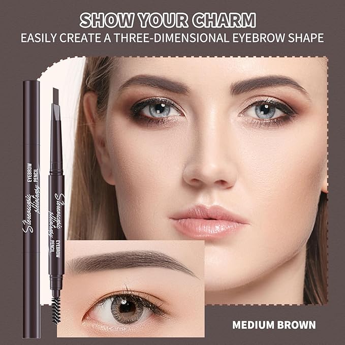 Berinist 12pcs Medium Brown Waterproof Eyebrow Pencils for Women, Retractable Dual-End Eye Brow Pencil with Brush, Triangular Tip Design, Easier to Define and Fill in Eyebrows for Natural Brow Shape