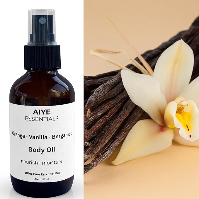 AIYE Essentials Body Oil with Orange, Vanilla and Bergamot, 100% Pure Essential Oils, Nourish and Moisture, 4 fl oz, 118 ml