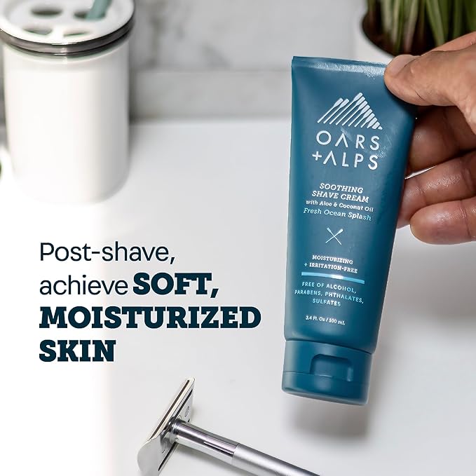 Oars + Alps Soothing Men's Shaving Cream, Dermatologist Tested and Infused with Aloe and Coconut Oil, Fresh Ocean Splash Scent, TSA Friendly, 3.4 Oz, 2 Pack