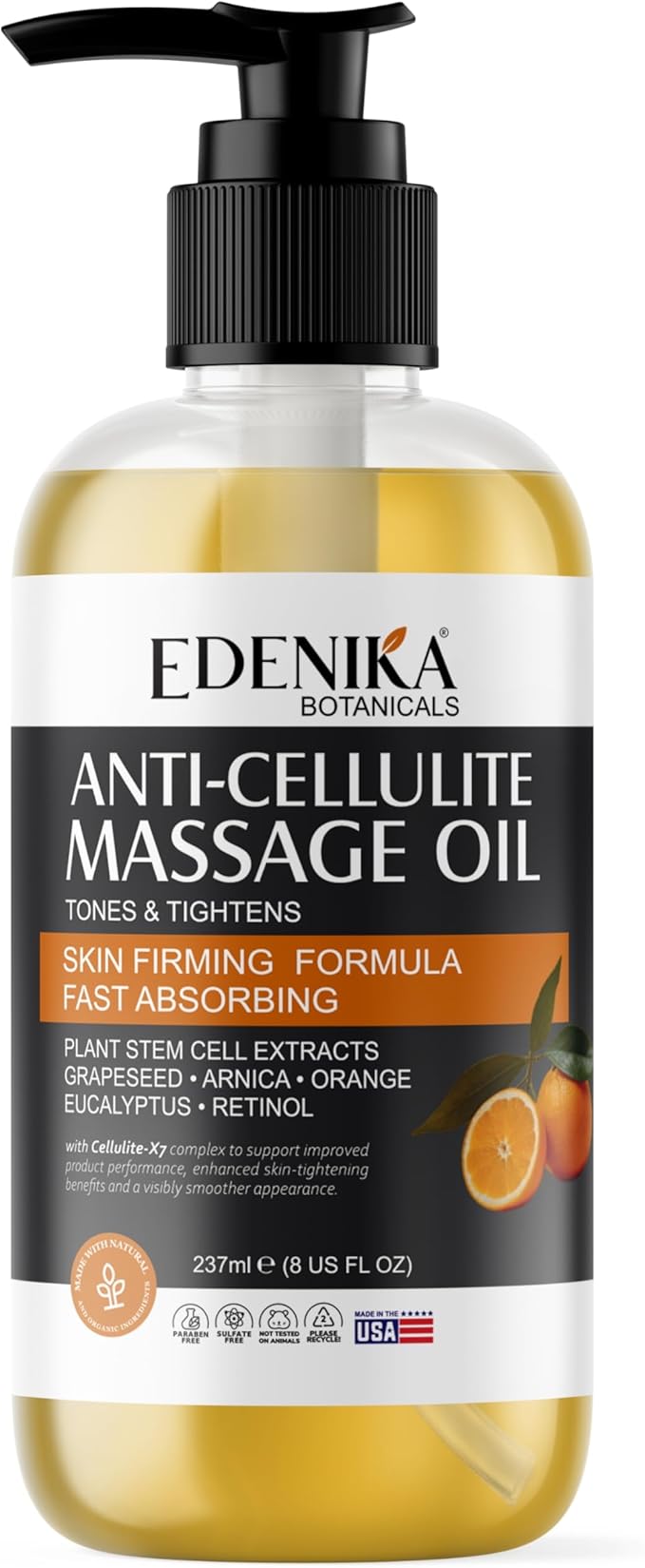 Natural Anti-Cellulite Massage Oil with Grapefruit Oil, Caffeine & Retinol, Firming Body Oil for Cellulite on Legs, Thighs & Butt, Helps Tighten, Smooth & Hydrate Skin, 8 fl oz