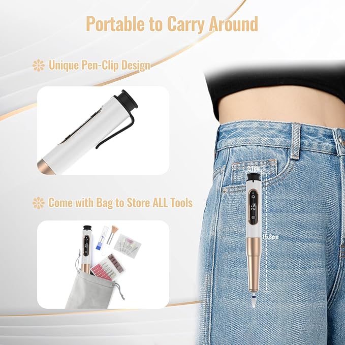 Denabuty Nail Drill Cordless, Electric Nail File 12 in 1 with LED Display, Nail Drill Machine Professional Portable Rechargeable E File for Gel Acrylic Manicure Pedicure Set with 5 Speeds Golden