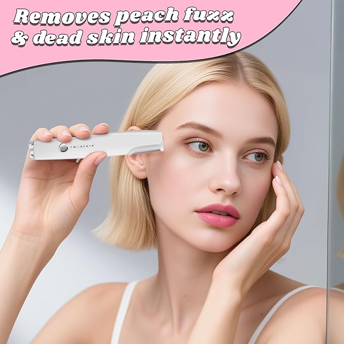 Dermaplane Razor for Women Face - Rechargeable 2-in-1 Electric Facial Razor & Eyebrow Trimmer with LED Light, Painless Peach Fuzz Hair Remover & Exfoliator, 3 Speeds, Includes 4 Blades (White)