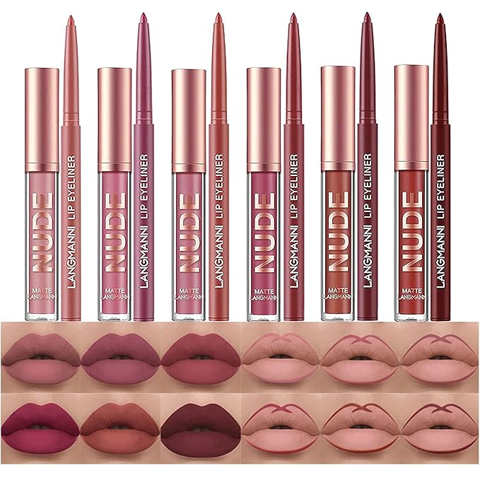 BestLand 12Pcs Matte Liquid Lipstick + Lip Liner Pens Set, Velvety Nude Lip Stain Waterproof Long Wear Makeup Gift Set