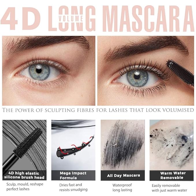 4D Silk Fiber Lash Mascara, Waterproof Long Lasting Mascara Black Volume and Length Natural, Exquisitely Full, Lengthening Thickening Softer Fuller Lashes Amplify Smudge-Proof Eyelash Mascaras,1 Pack
