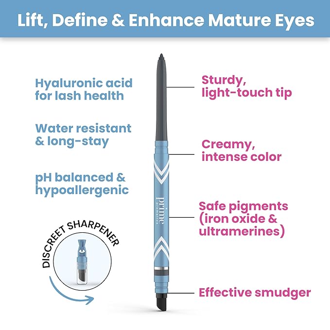 PRIME PROMETICS PrimeEyes Glide Eyeliner for Mature Women – Waterproof, Long-Stay and Mess-Proof – Gel Creme Texture, Discreet Sharpener and Effective Smudger (Mulberry)