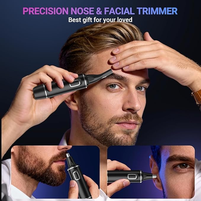 AREYZIN Nose Hair Trimmer for Men,Rechargeable Ear and Nose Trimmer,2 in 1 Painless Professional Eyebrow & Facial Hair Trimmer with IPX7 Waterproof Dual Edge Blades (Black)