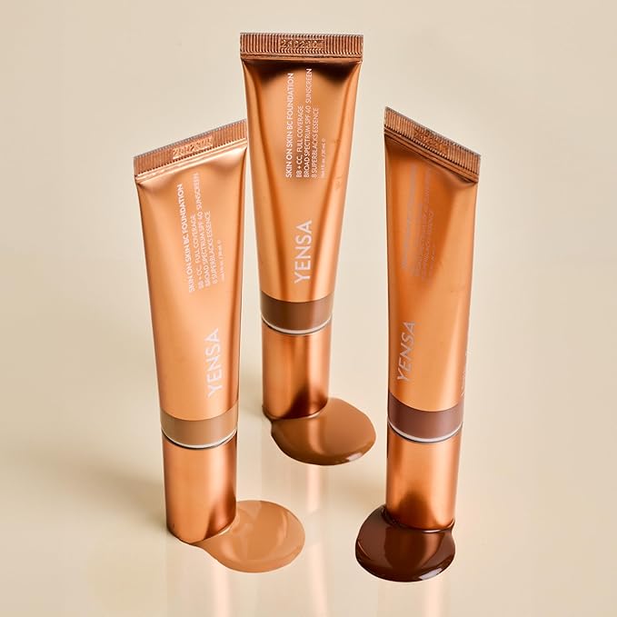YENSA Skin on Skin BC Foundation Makeup - CC, BB Cream & Full Coverage Foundation-In-One - Buildable, Radiant Finish with SPF 40, Hyaluronic Acid, Peptides & 8 SuperBlacks - Deep Neutral (1 oz)