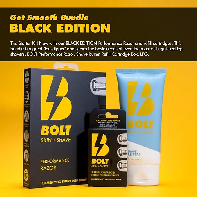 BOLT Skin + Shave - Starter Kit Black Edition - Performance Razor, Shave Butter & 3 Refill Cartridges - Smooth Shave for Body & Legs