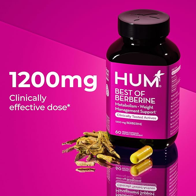 HUM Best of Berberine Supplement 1200mg, Pure Potency for Metabolic Wellness, Gut Health, Pure Berberine Supplements Enhanced with BioPerine for Maximum Absorption, 60 Capsules