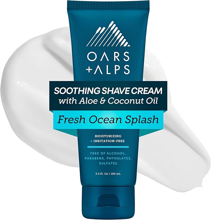 Oars + Alps Soothing Men's Shaving Cream, Dermatologist Tested and Infused with Aloe and Coconut Oil, Fresh Ocean Splash Scent, TSA Friendly, 3.4 Oz, 1 Pack