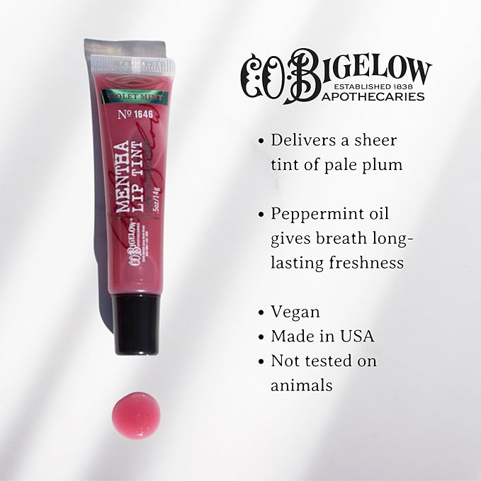C.O. Bigelow Plum Mentha Lip Tint Trio, Pack of 3 Purple Tinted Lip Gloss with Peppermint Oil, High Gloss Shine Finish, 0.5 oz