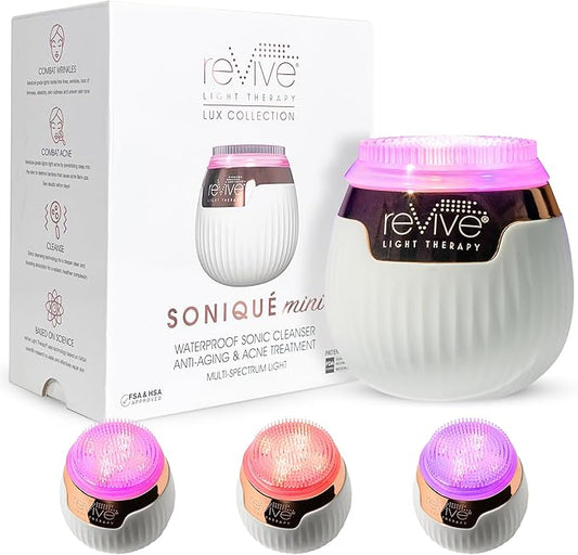 Revive Light Therapy Lux Collection Soniqué Mini, Rechargeable Sonic Face Cleanser Brush with Medical-Grade Blue & Red Light Therapy for Face, Acne & Wrinkle Care, Water-Resistant