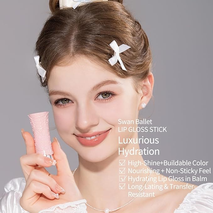 Flower Knows Swan Ballet Shine Lipstick,Hydrating Solid Lip Gloss,Moisturizing Nude peachy Tinted Lip Balm-Long Lasting Lip Gloss in Balm for Girls&Women(B01 Little Star)