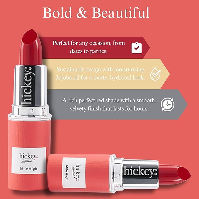 Hickey Lipstick Walk of Shame & Mile High Organic Lipstick Refills - Long Lasting Lipstick for Women - Moisturizing Shades in Hot Pink & Perfect Red, Gluten-Free & Vegan with Highly Pigmented