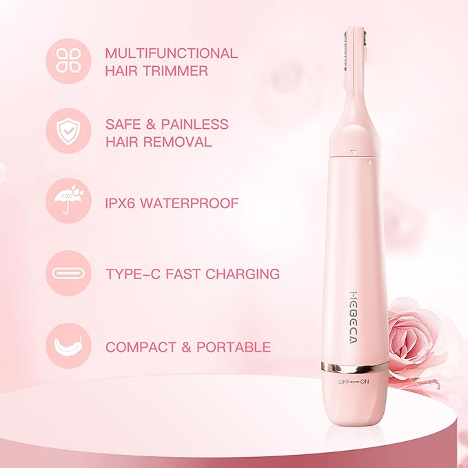 HEBECA Nose Hair Trimmer for Women, 3in1 Electric Eyebrow Trimmer Waterproof Facial Hair Removal Rechargeable Hair Shaver Razor for Nose Ear Eyebrow Peach-Fuzz Lips Chin FT3001 Pink (Pink)