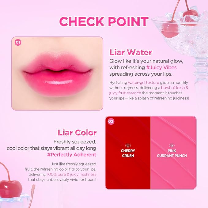 lilybyred Juicy Liar Water Tint | Korean Vivid Water-Gel Lip Stain, Fresh Fruit Colors, Intense Long-Lasting Stain, Moisturizing, Transfer-Proof, Lightweight Finish, 0.16 oz. (06 Lychee Sangria)