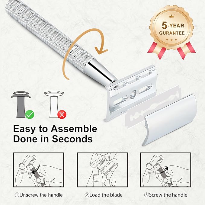 Shiny Silver Double Edge Safety Razor, Single Blade Razors for Men and Women, with 10 Stainless Steel Safety Razor Blades, Smooth Close Shaving, Plastic Free