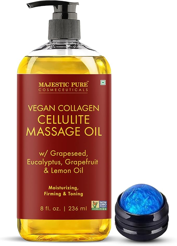 Majestic Pure Firming Body Massage Oil with Collagen – Helps Smooth The Appearance of Cellulite & Improve Skin Texture – Refreshing Aromatherapy Body Oil for Legs & Full Body – 8 Fl Oz, with Roller