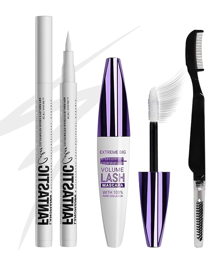 Waterproof White Mascara&Liquid Eyeliner Pen Set,Volumizing Colored 5D Fiber Mascara for Eyelash Volume and Length Máscara,Longlasting Smudgeproof Matte Color Eye Liner Pencil Women Party Stage Use