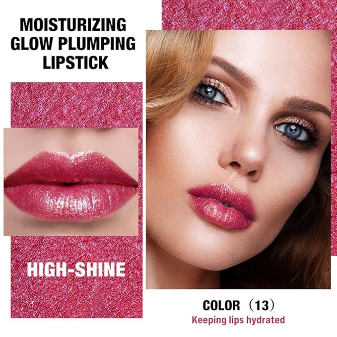 Red Shimmer Metallic Moisturizing Glow Plumping Lipstick Makeup, Lipstick with Metallic 3D Shine Lightweight Hydrating Formula, Glitter Lip Gloss Stain Long Lasting Waterproof Smudge Proof (13#Red)