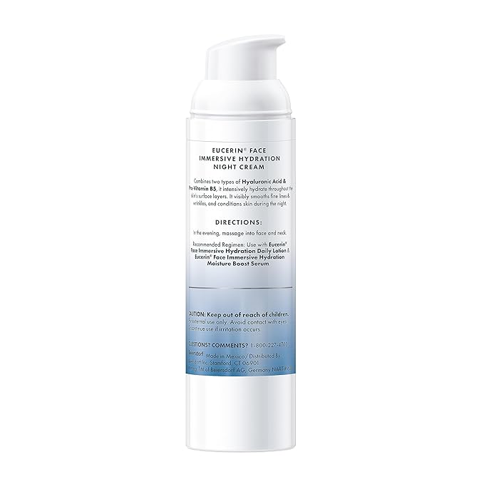 Eucerin Face Immersive Hydration Night Cream with Hyaluronic Acid and Provitamin B5, Face Moisturizer Smooths Fines Lines and Wrinkles, Holiday Gifts for Self Care, 2.5 Oz Bottle
