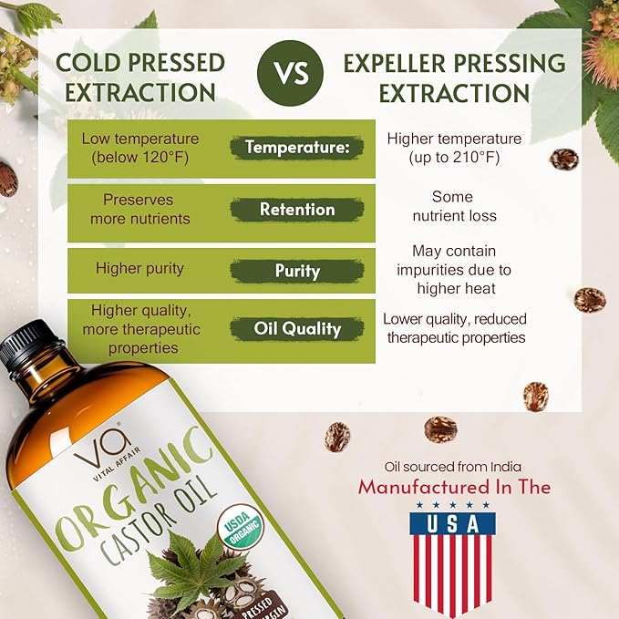 VITAL AFFAIR Pure Organic Castor Oil 32oz – Cold Pressed, Unrefined, USDA Organic – Glass Bottle for Hair Growth, Eyelashes, Eyebrows, Face & Castor Oil Packs