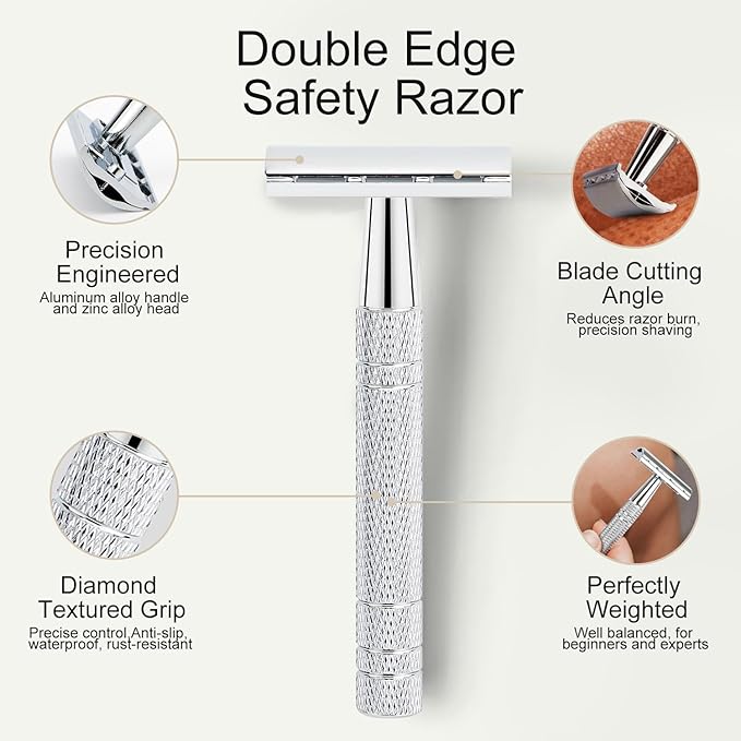 Shiny Silver Double Edge Safety Razor, Single Blade Razors for Men and Women, with 10 Stainless Steel Safety Razor Blades, Smooth Close Shaving, Plastic Free