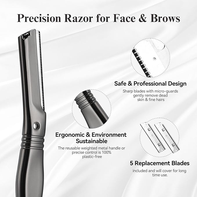 EROWZOLA Eyebrow Razor for Women and Men, Face Razors for Women, Dermaplane Razor with Protective Silicone Cover, Reusable Metal Handle with 6 Refill Blades, Skin Care Tool - Matte Black