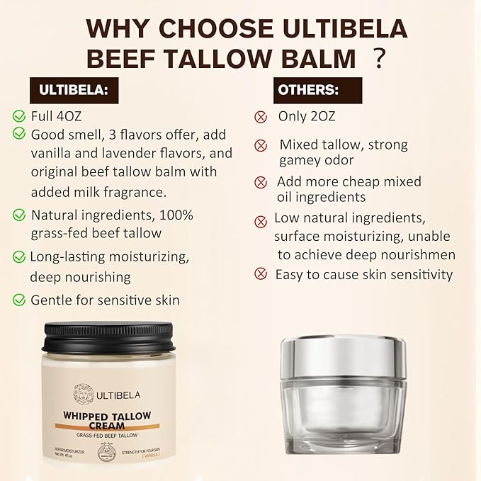 Beef Tallow for Skin, 100% Grass-Fed Whipped Tallow and Honey Balm for Body ＆ Face Natural Body Cream for Dry & Sensitive Skin Care 4OZ (Vanilla)