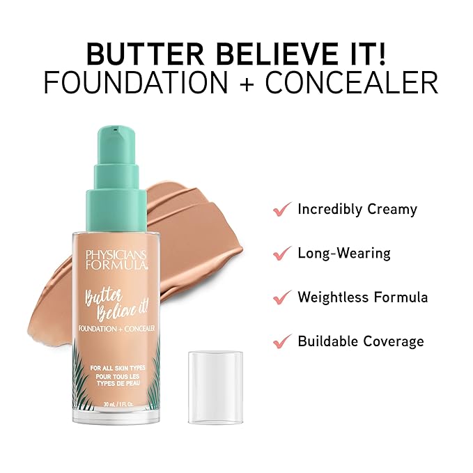 Physicians Formula Butter Believe It! Foundation + Concealer Medium-to-Tan | Dermatologist Tested, Clinicially Tested